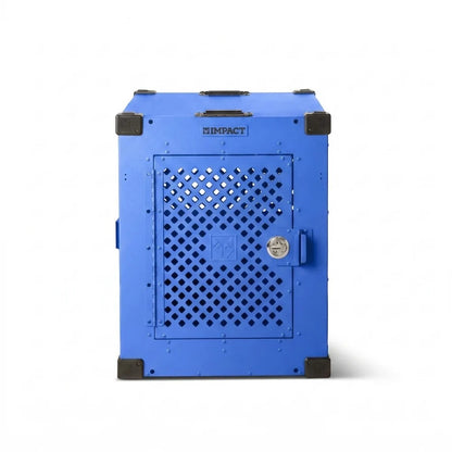 GDM Habitat for Humanity ReStore blue Impact Dog Crate with a secure metal door and heavy-duty corner reinforcements.