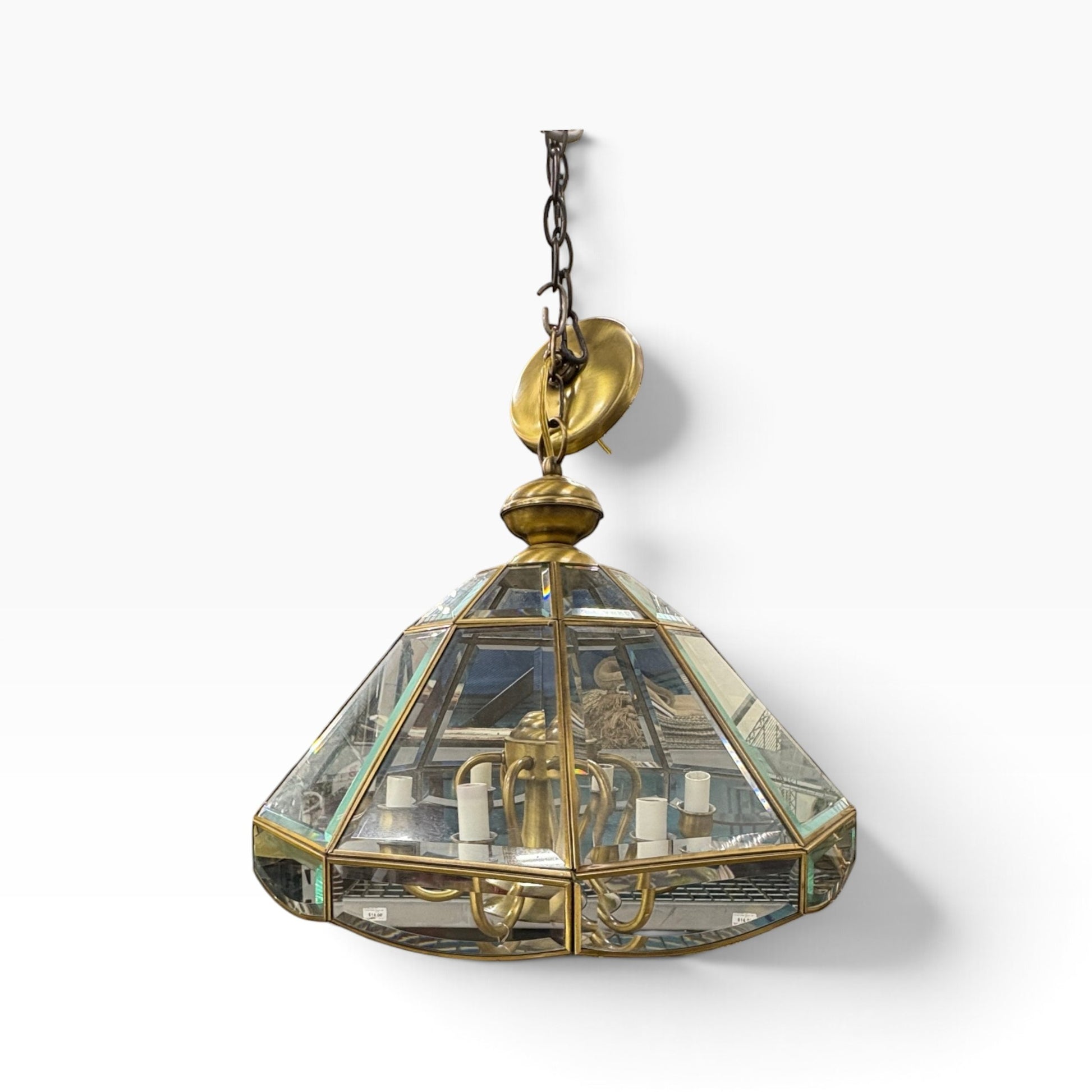 GDM Habitat for Humanity ReStore vintage brass and beveled glass pendant chandelier with a geometric hexagonal shape