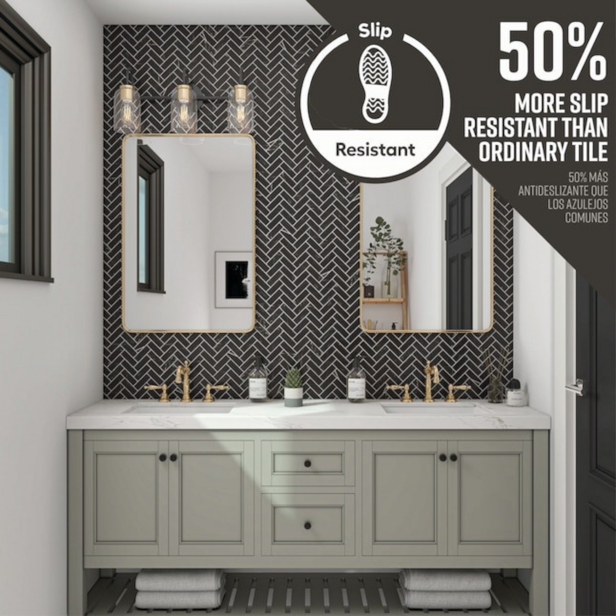 GDM Habitat for Humanity ReStore Calacatta Graphite herringbone mosaic tile backsplash in a modern bathroom vanity