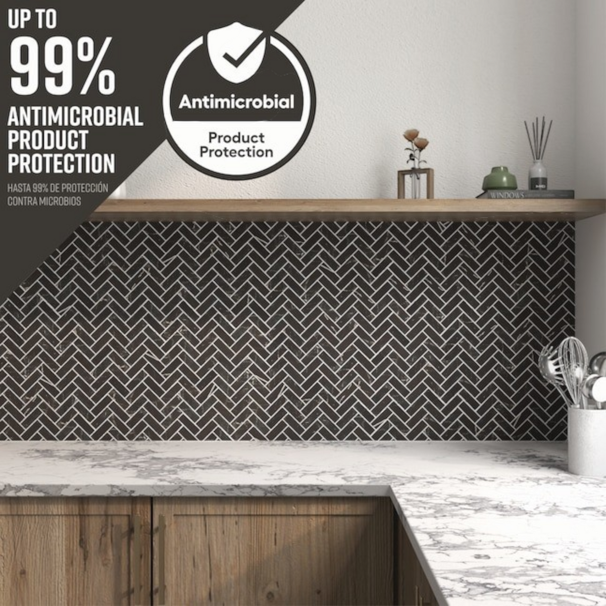 GDM Habitat for Humanity ReStore Calacatta Graphite mosaic tiles in a herringbone pattern on a kitchen backsplash