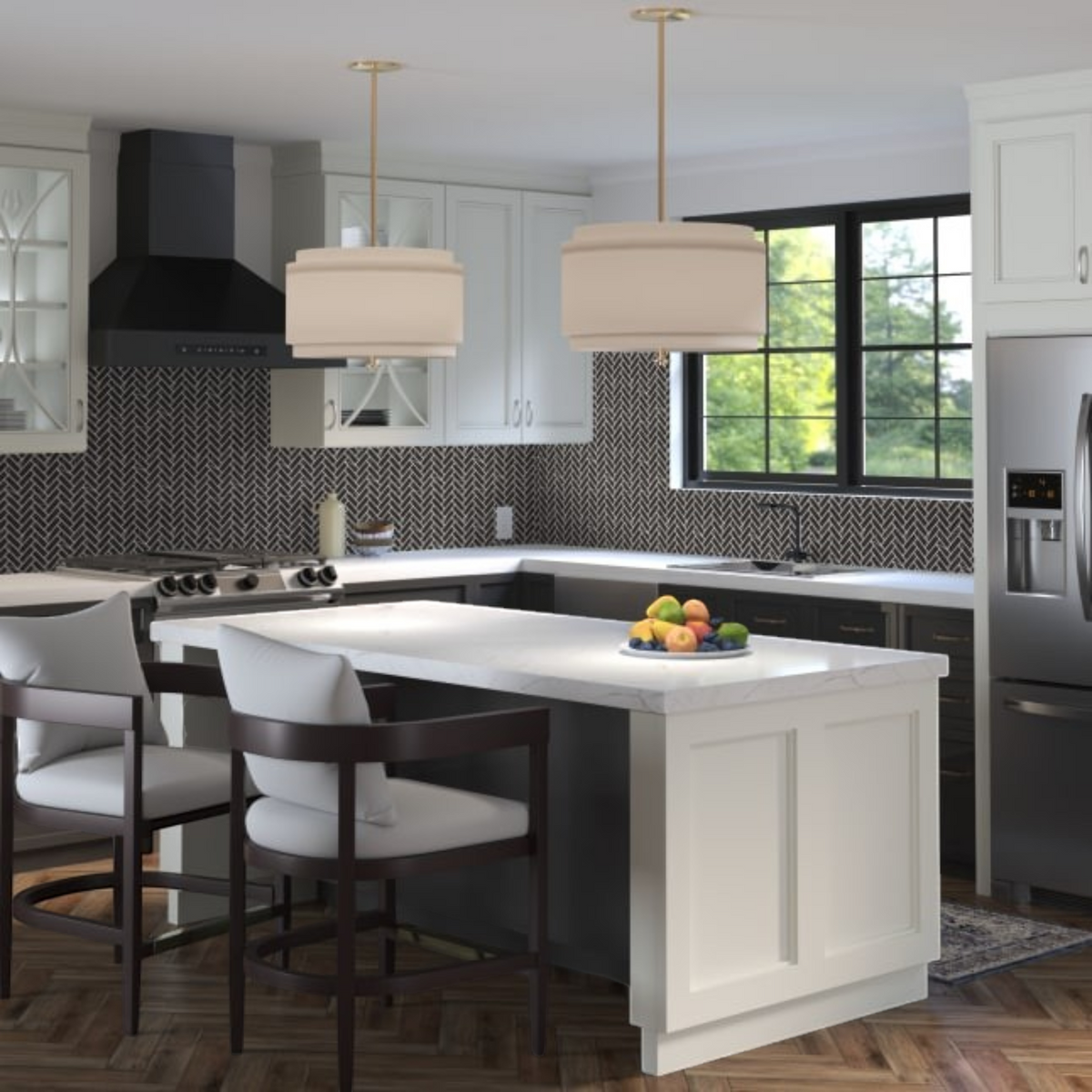 GDM Habitat for Humanity ReStore Calacatta Graphite mosaic tile backsplash in a modern kitchen with white island