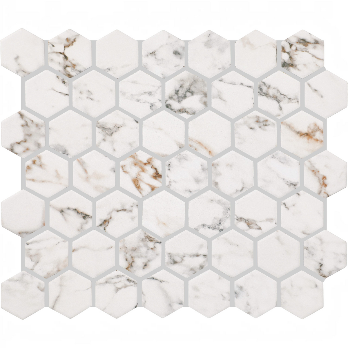 GDM Habitat for Humanity ReStore Calacatta Gem marble hexagon mosaic tile with white and grey veining