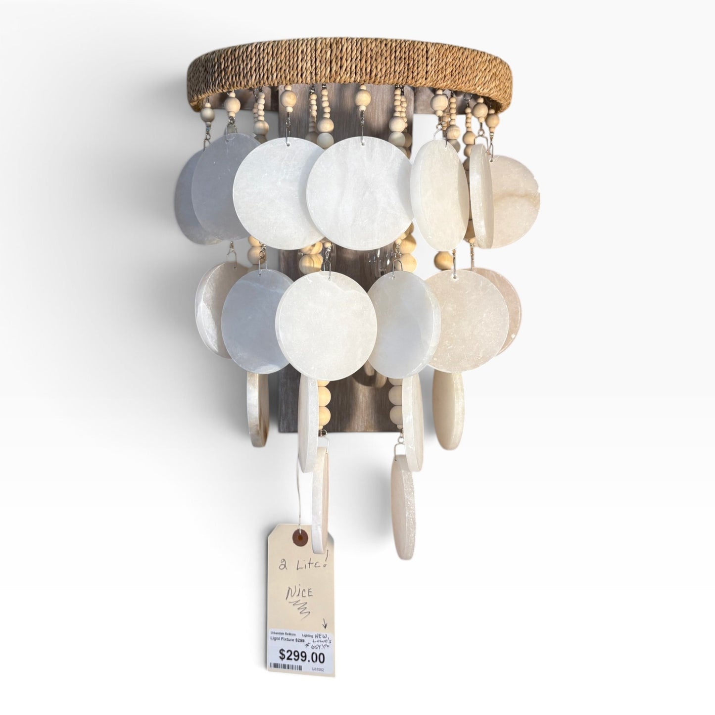 GDM Habitat for Humanity ReStore 2-light wall sconce featuring cascading white capiz shells and natural wood beads.