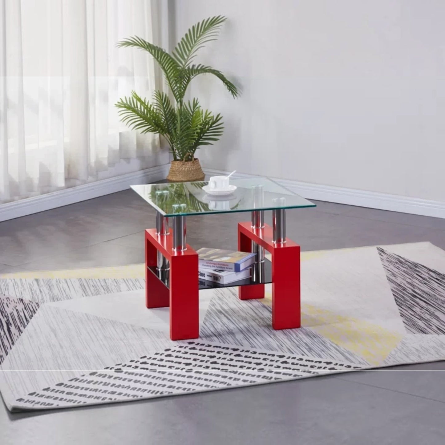 GDM Habitat for Humanity ReStore Celal glass top end table with red wooden legs and a lower black glass shelf