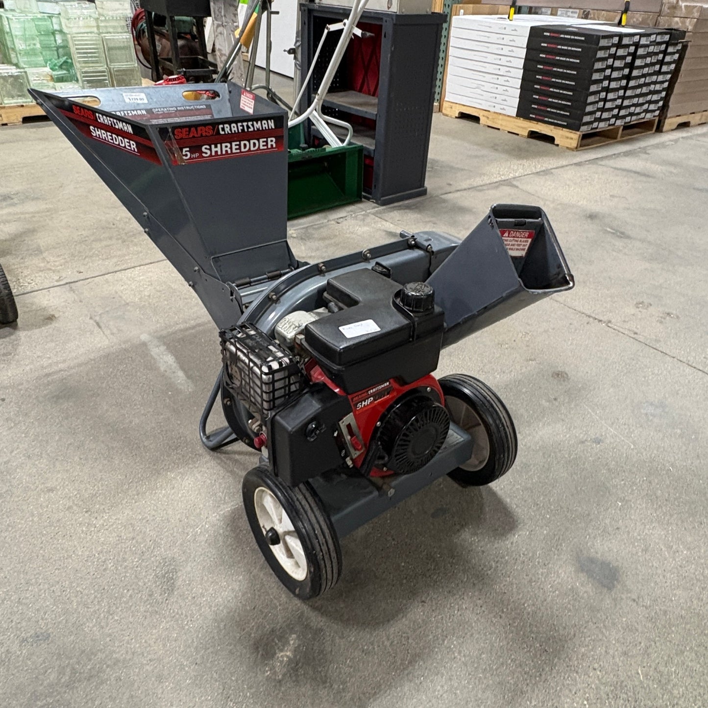 GDM Habitat for Humanity ReStore Craftsman 5HP gas-powered wood chipper shredder with dual-feed hopper and side chute.