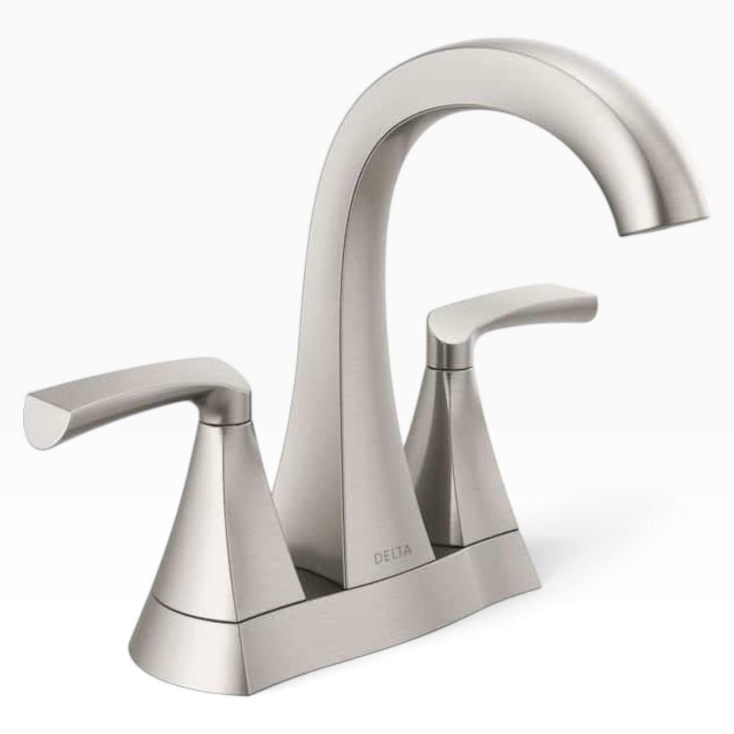 GDM Habitat for Humanity ReStore Delta Pierce bathroom faucet in a brushed nickel finish with two lever handles.