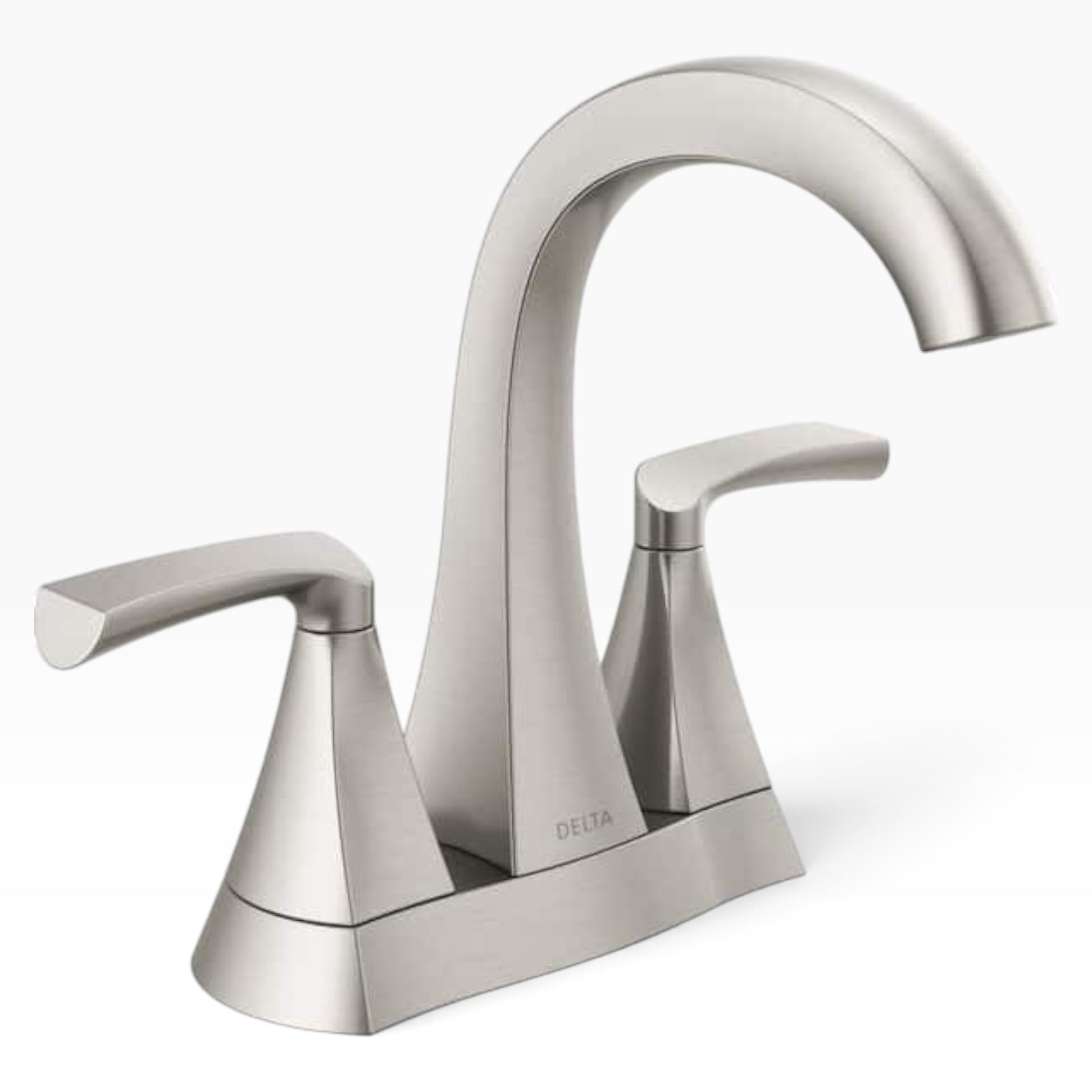 GDM Habitat for Humanity ReStore Delta Pierce bathroom faucet in a brushed nickel finish with two lever handles.