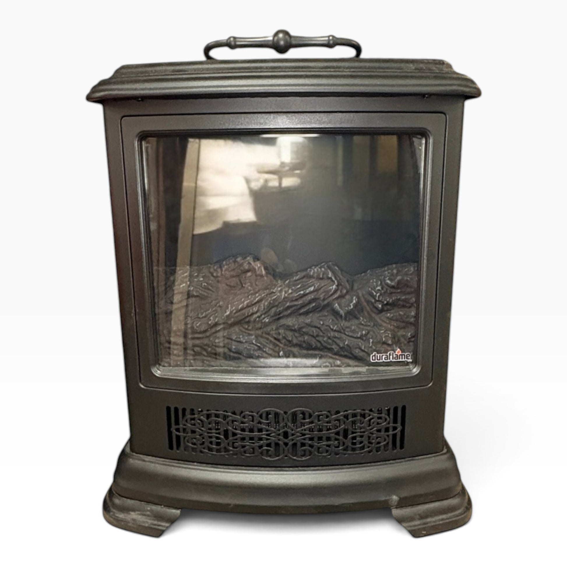 GDM Habitat for Humanity ReStore Duraflame black electric fireplace stove with a glass front and ornate vent