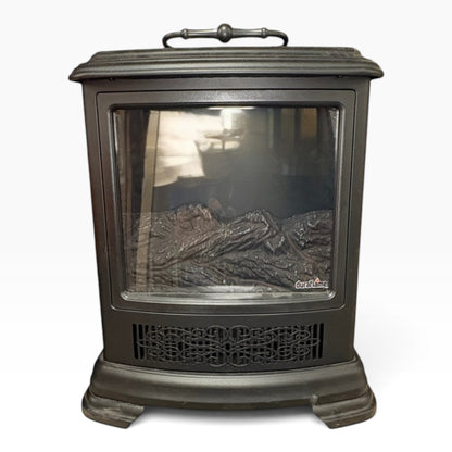 GDM Habitat for Humanity ReStore Duraflame black electric fireplace stove with a glass front and ornate vent