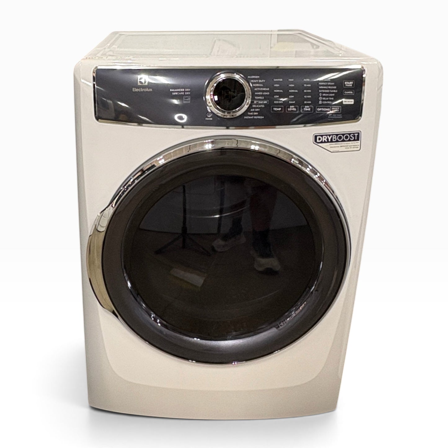 GDM Habitat for Humanity ReStore white Electrolux front load dryer with black circular door and digital control panel