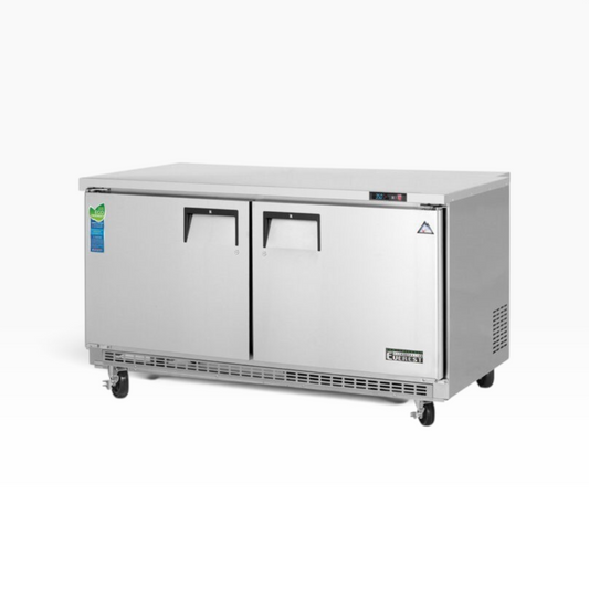 GDM Habitat for Humanity ReStore Everest commercial two-door stainless steel refrigerated prep table with casters.