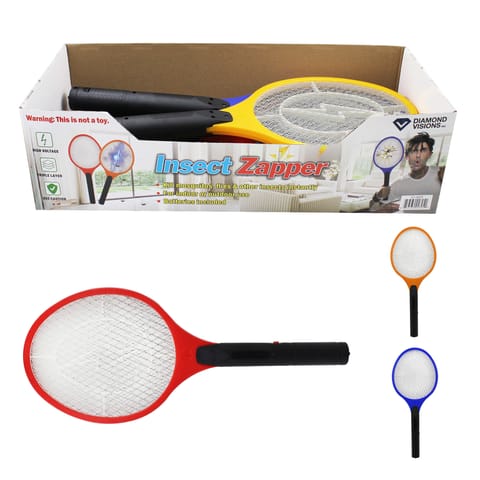 GDM Habitat for Humanity ReStore folding insect zapper racket in red, yellow, orange, and blue with black handles.