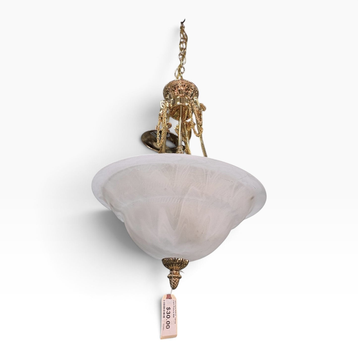 GDM Habitat for Humanity ReStore vintage style pendant light with a frosted glass bowl and ornate brass hardware.