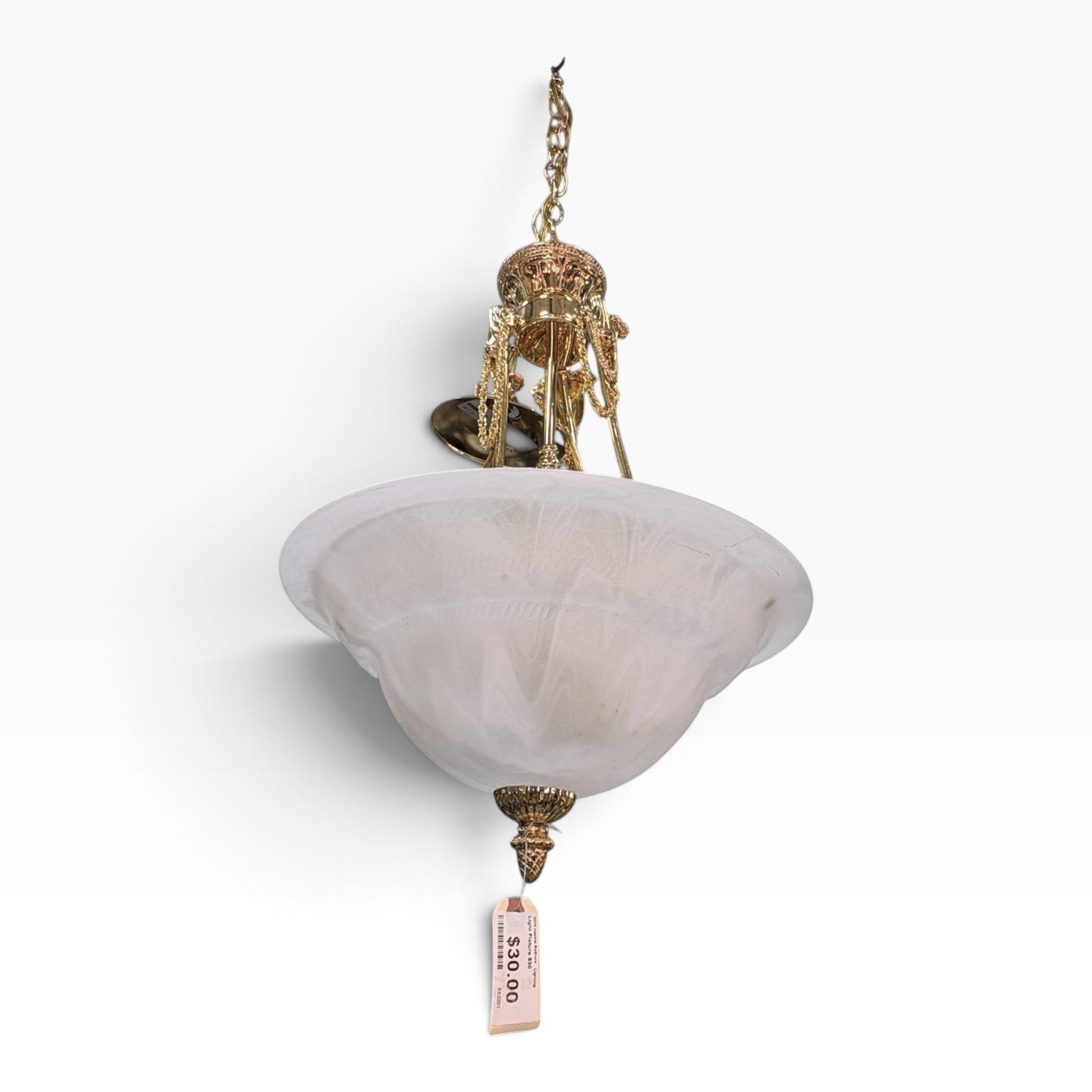 GDM Habitat for Humanity ReStore vintage style pendant light with a frosted glass bowl and ornate brass hardware.