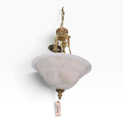 GDM Habitat for Humanity ReStore vintage style pendant light with a frosted glass bowl and ornate brass hardware.