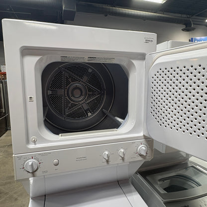 GDM Habitat for Humanity ReStore GE Spacemaker white laundry center with dryer door open showing interior drum