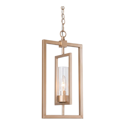 GDM Habitat for Humanity ReStore gold lantern pendant light with a rectangular frame and clear glass cylinder shade