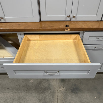 GDM Habitat for Humanity ReStore 15 pc gray cabinet set featuring a pull-out drawer with wood interior and metal pulls