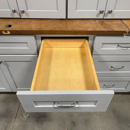 GDM Habitat for Humanity ReStore 15 pc gray cabinet set with open wooden drawer and silver metal handles