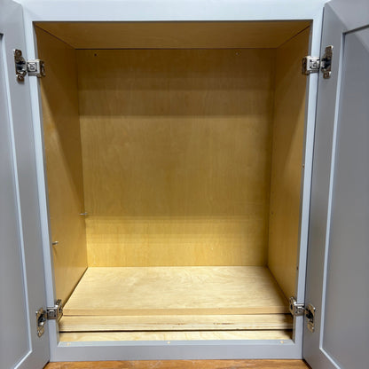 GDM Habitat for Humanity ReStore gray cabinet with open double doors and natural wood interior shelving