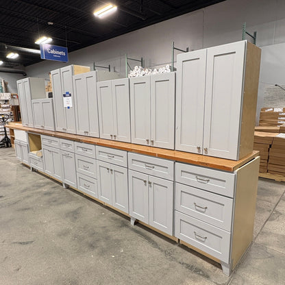 GDM Habitat for Humanity ReStore 15-piece gray shaker-style kitchen cabinet set with wooden countertop