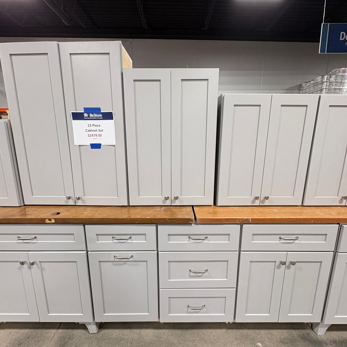 GDM Habitat for Humanity ReStore 15 piece gray shaker style kitchen cabinet set with silver hardware
