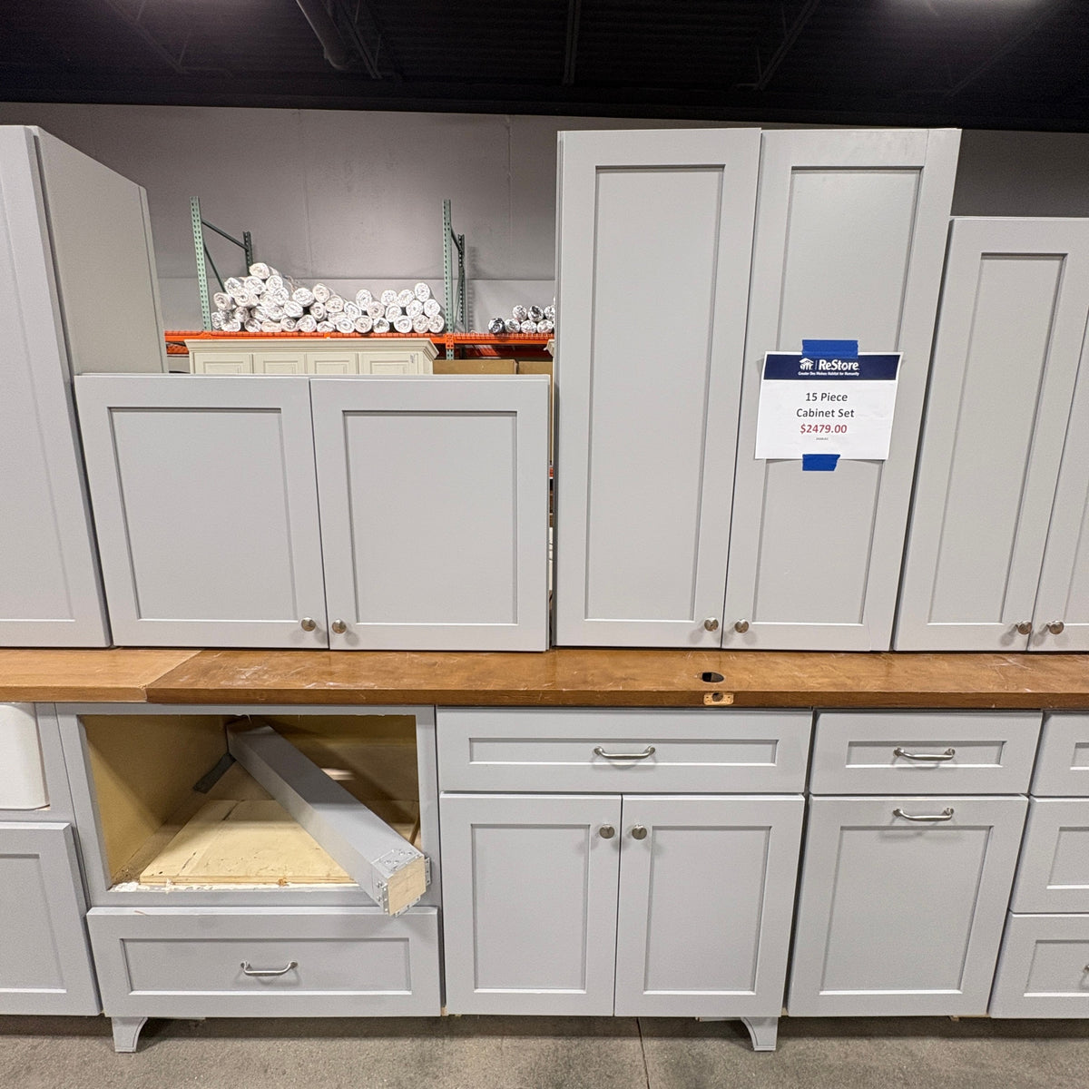 GDM Habitat for Humanity ReStore 15-piece gray shaker-style kitchen cabinet set with silver hardware