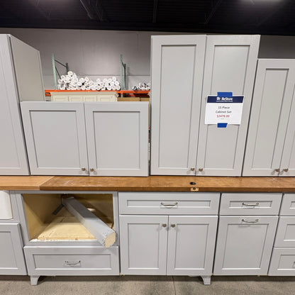 GDM Habitat for Humanity ReStore 15-piece gray shaker-style kitchen cabinet set with silver hardware