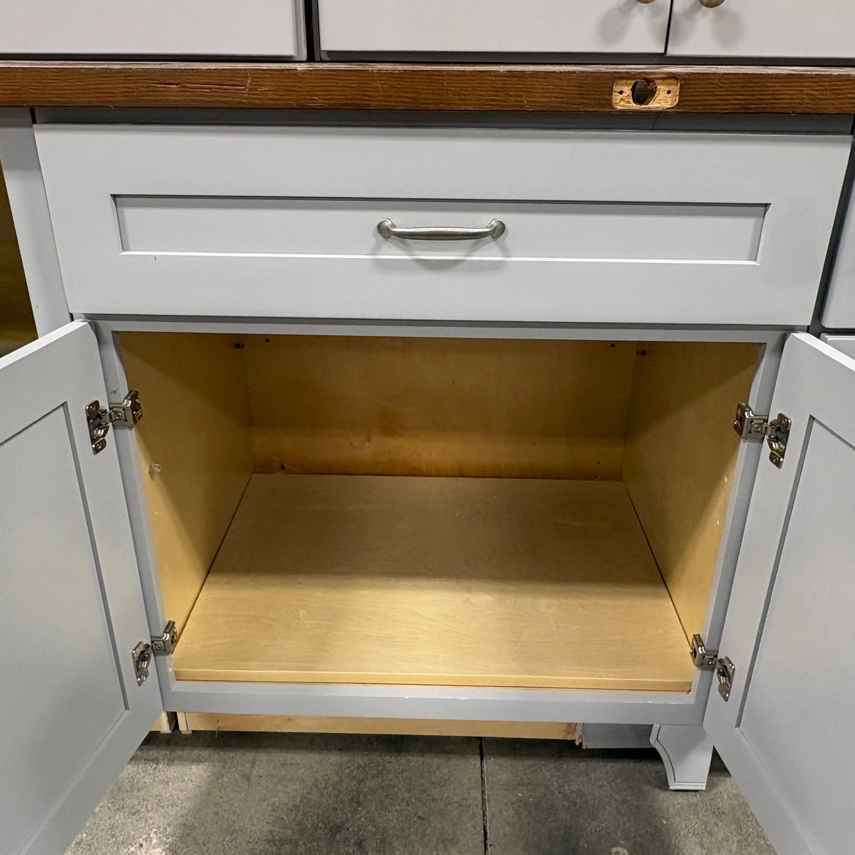 GDM Habitat for Humanity ReStore 15 pc gray cabinet set featuring a shaker style door and natural wood interior