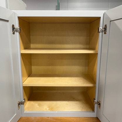 GDM Habitat for Humanity ReStore gray shaker style cabinet with open double doors and natural wood interior shelves