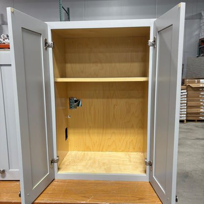GDM Habitat for Humanity ReStore gray shaker style wall cabinet with open doors and natural wood interior shelving