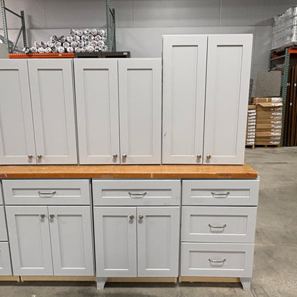 GDM Habitat for Humanity ReStore 15-piece gray shaker cabinet set with silver hardware and wooden countertop