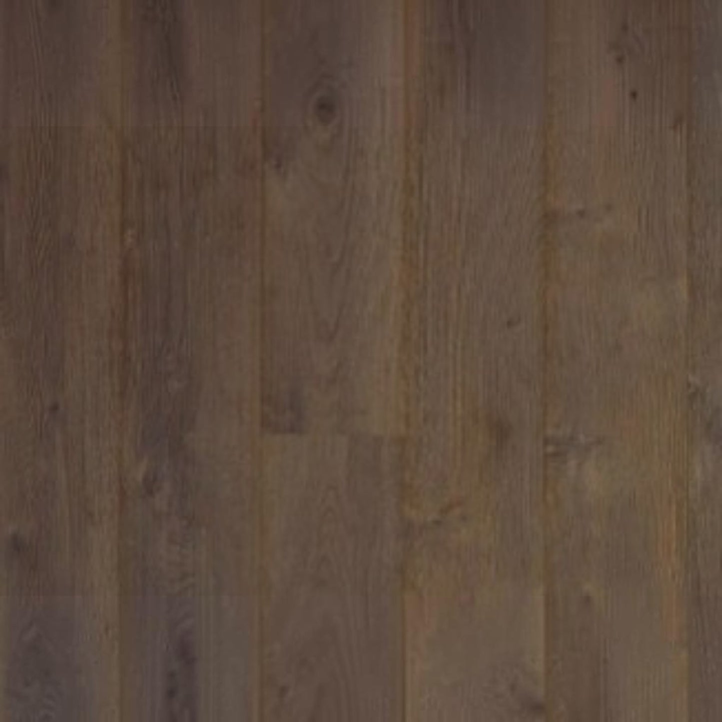 GDM Habitat for Humanity ReStore Grizzly Oak laminate flooring with a dark brown wood grain texture.