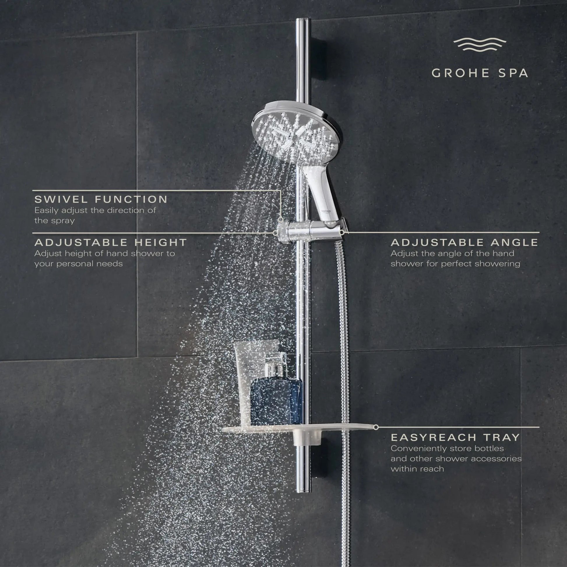 GDM Habitat for Humanity ReStore Grohe Rainshower slide bar with adjustable hand shower, swivel head, and storage tray
