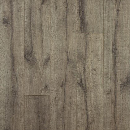 GDM Habitat for Humanity ReStore Hamilton Oak laminate flooring with a realistic grey-brown wood grain texture.