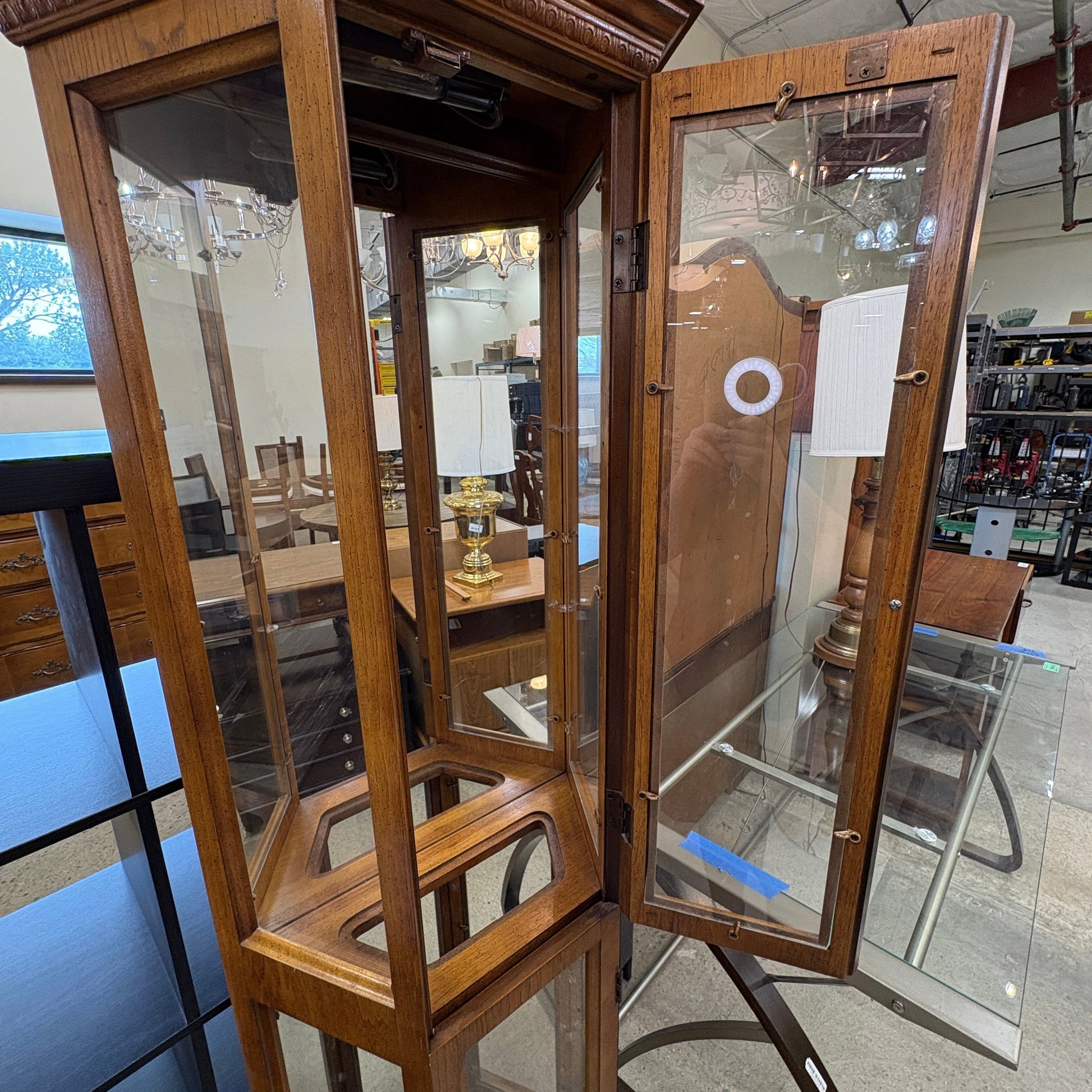 GDM Habitat for Humanity ReStore hexagonal wooden curio cabinet with glass panels and interior lighting