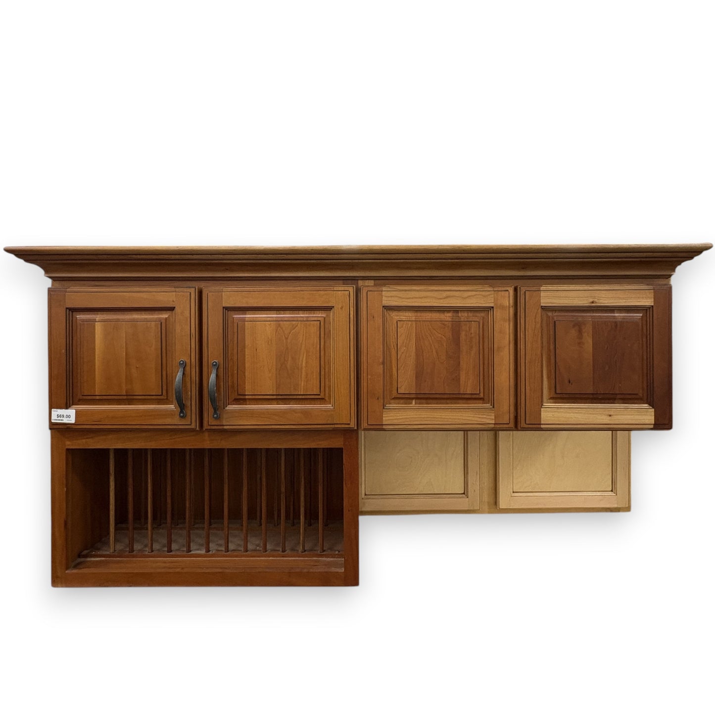 GDM Habitat for Humanity ReStore honey-toned wooden wall cabinet set with plate rack and dark metal hardware.