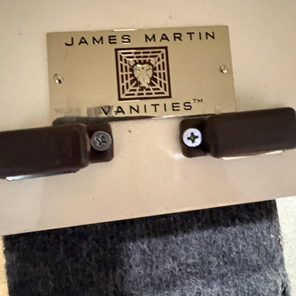 GDM Habitat for Humanity ReStore James Martin Vanities gold metal brand logo plate with brown magnetic door catches