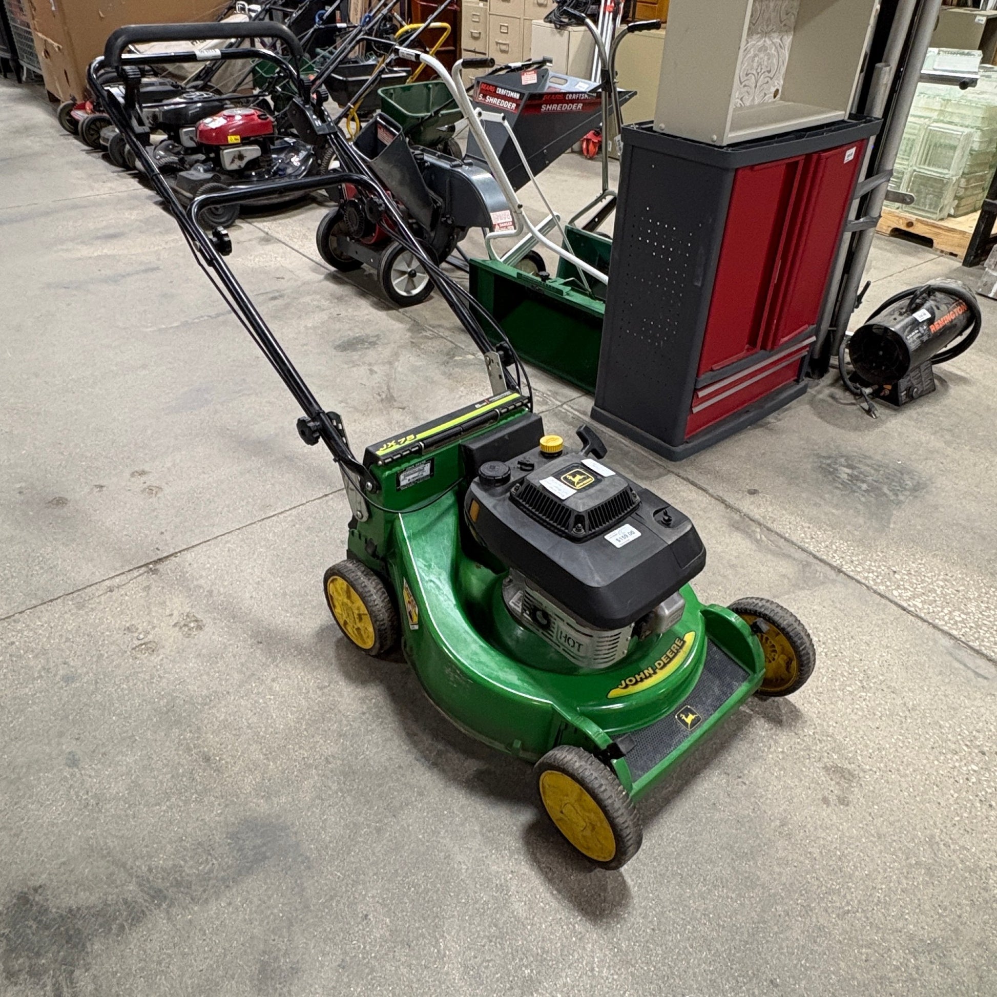 GDM Habitat for Humanity ReStore John Deere JX75 walk-behind gas lawn mower in iconic green and yellow finish