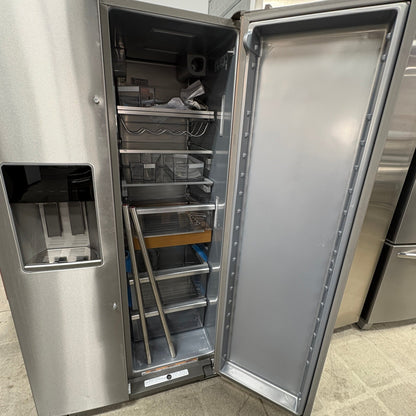 GDM Habitat for Humanity ReStore KitchenAid stainless steel side-by-side refrigerator with open door and ice dispenser