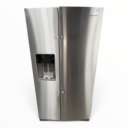 GDM Habitat for Humanity ReStore KitchenAid side-by-side stainless steel refrigerator with water and ice dispenser.