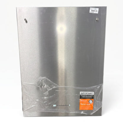 GDM Habitat for Humanity ReStore stainless steel KitchenAid dishwasher with protective film and minor surface scuffs.