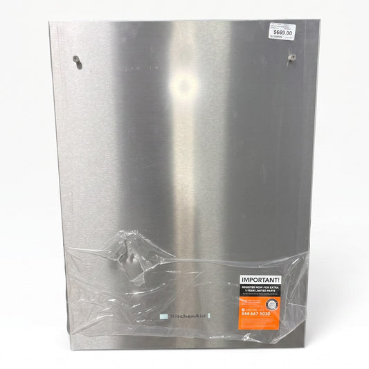 GDM Habitat for Humanity ReStore stainless steel KitchenAid dishwasher with protective film and minor surface scuffs.