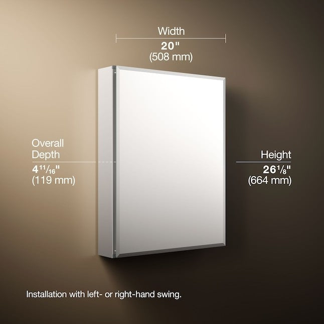 GDM Habitat for Humanity ReStore Kohler medicine cabinet with mirrored door and dimensions shown on brown background
