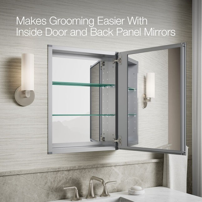 GDM Habitat for Humanity ReStore Kohler medicine cabinet with mirrored interior door and back panel in a bathroom.