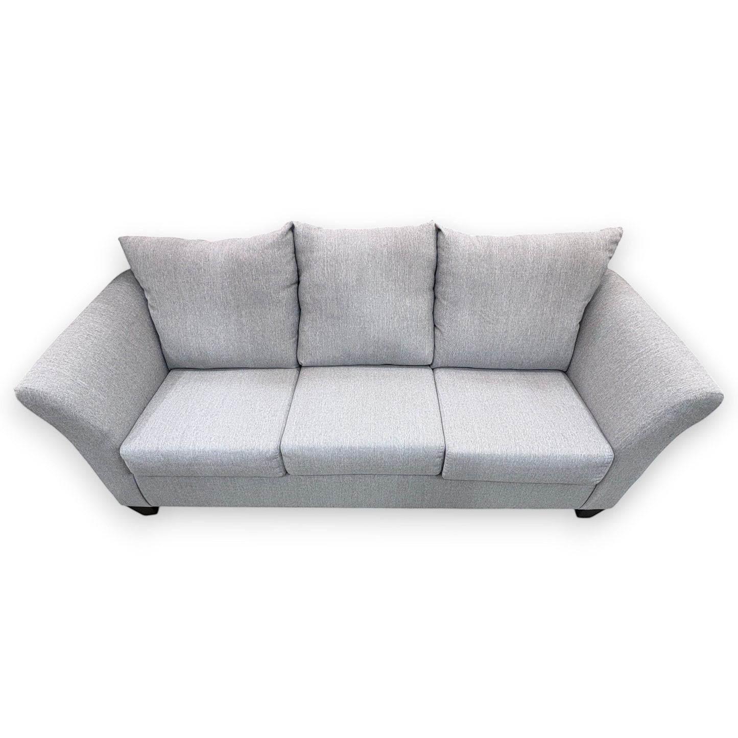 GDM Habitat for Humanity ReStore light gray three-seater sofa with flared arms and plush back cushions