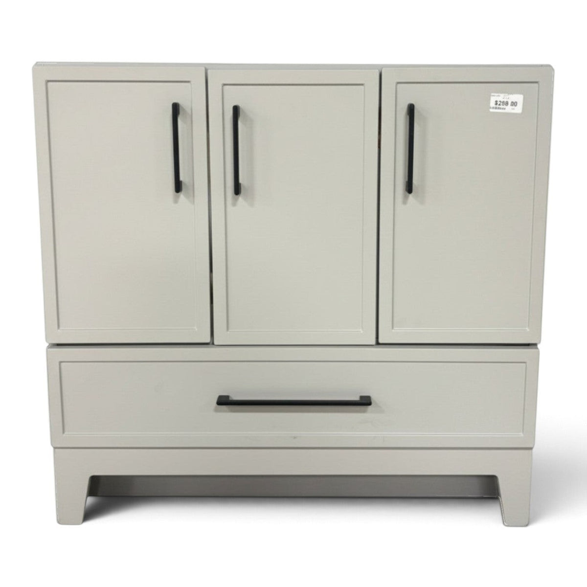 GDM Habitat for Humanity ReStore 36-inch light gray bathroom vanity base with shaker doors and black bar pulls.