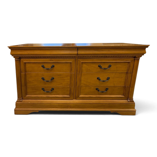 GDM Habitat for Humanity ReStore light oak six-drawer dresser with bronze bail pulls and decorative molding