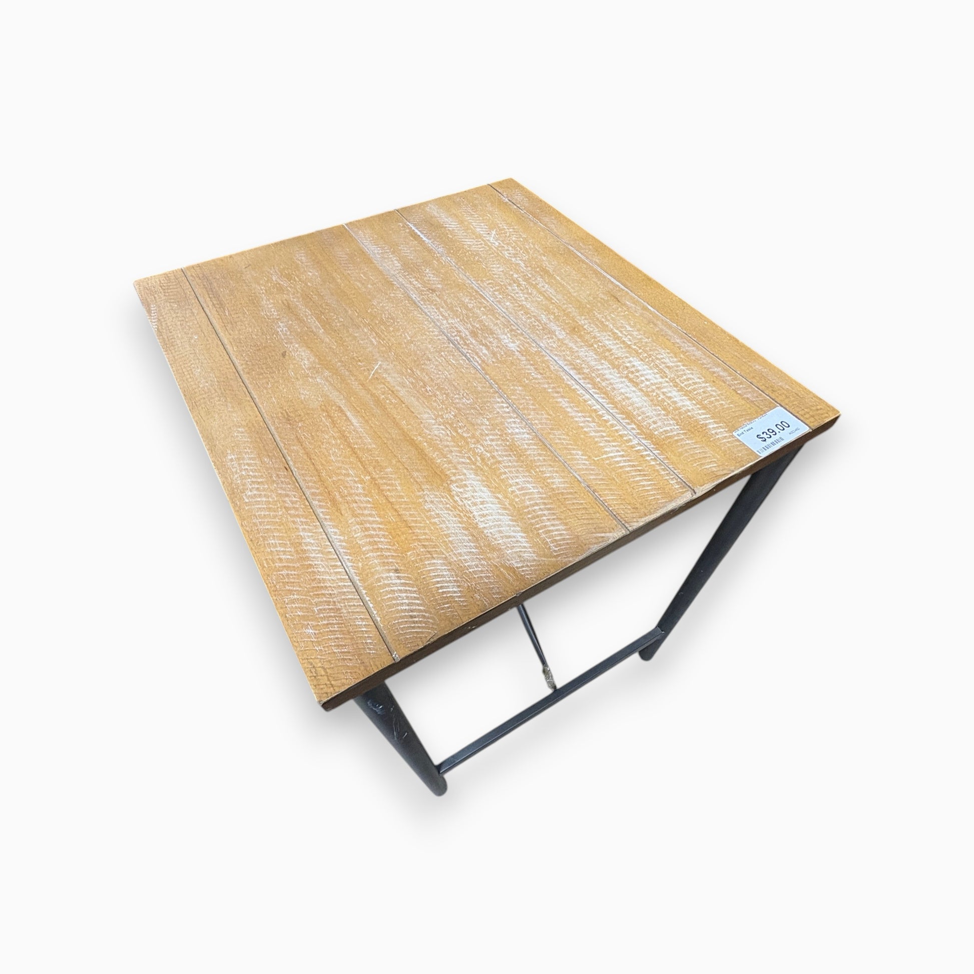 GDM Habitat for Humanity ReStore limed oak side table with a square wooden top and dark metal frame