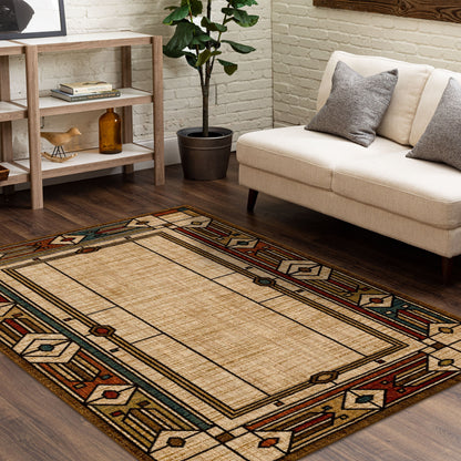 GDM Habitat for Humanity ReStore Allen+Roth Looking Glass 8x10 rug with geometric border in tan, red, and teal